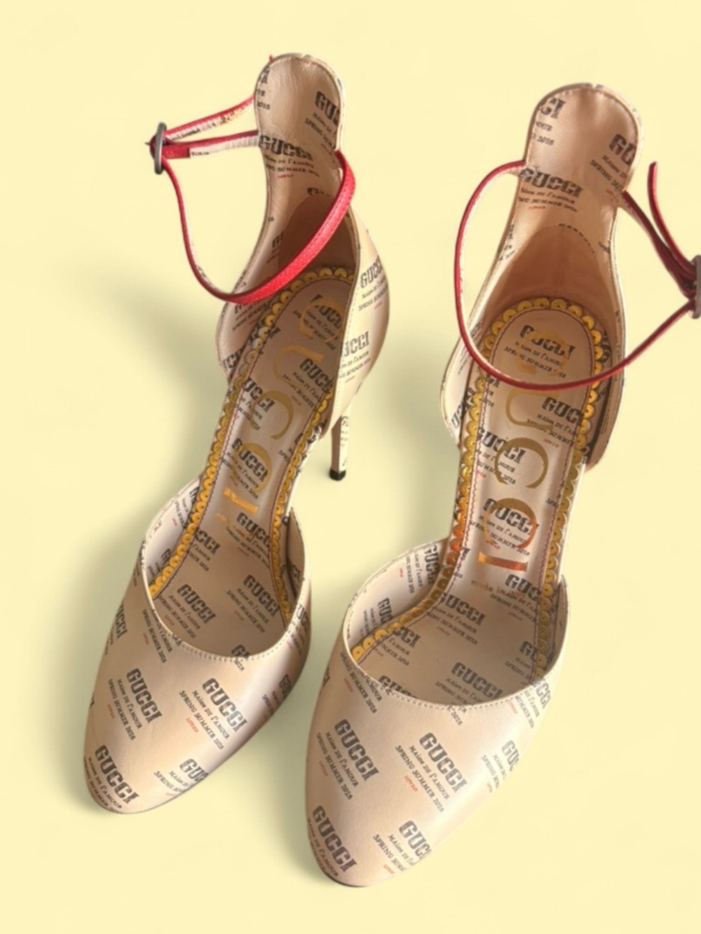 Gucci Beige Logo Pumps with Red Ankle Straps